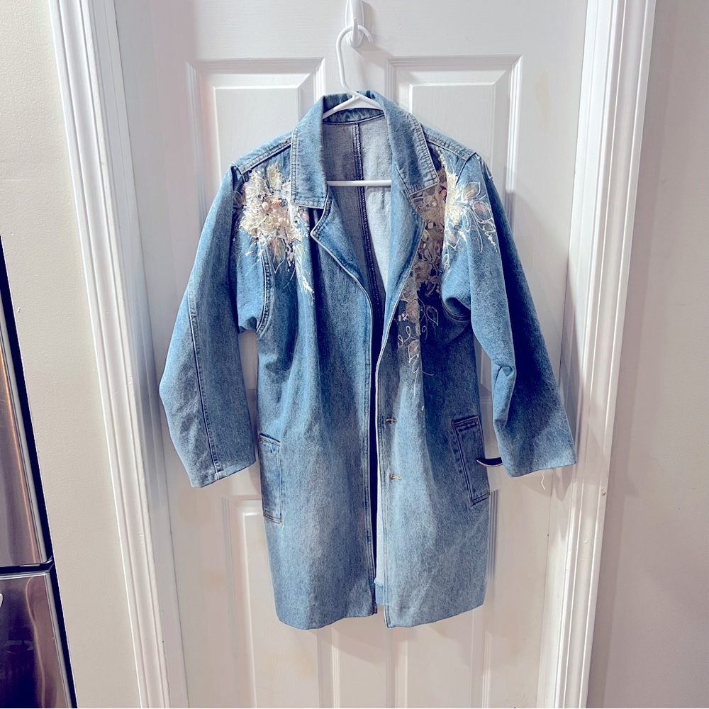 Womens oversized long jean jacket with floral detail